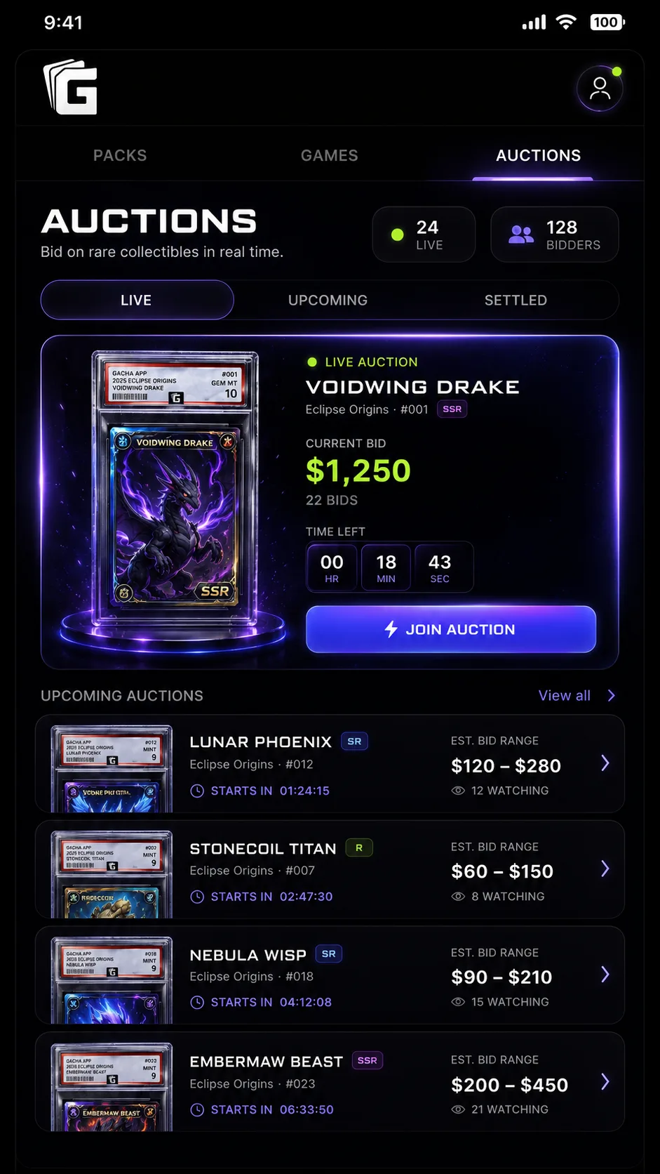 UNSEAL auctions screen on iPhone
